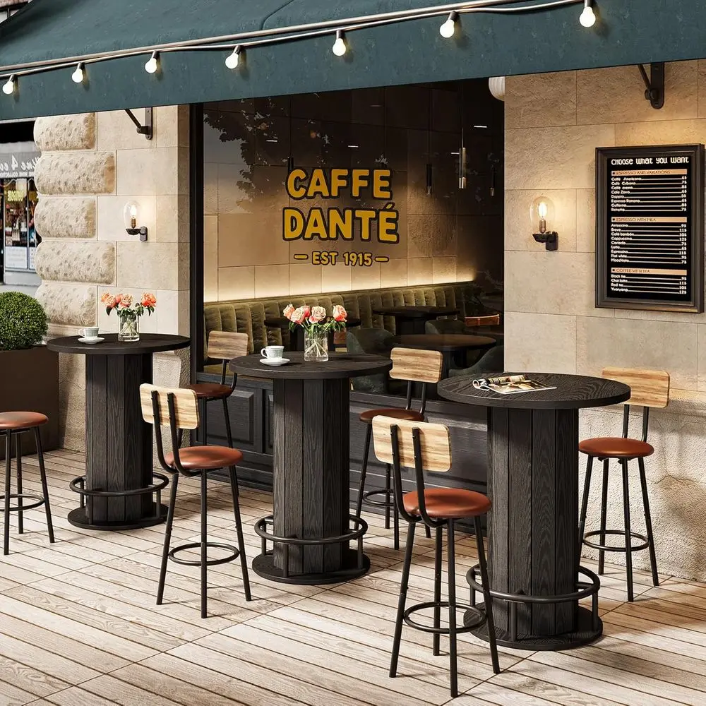 

2-Seat Bar Height Kitchen Table with Wooden Base and Footrest for Dining, Restaurant, Cafe, Bakery, Pub Use - Black