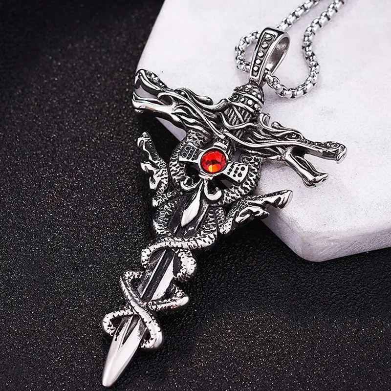 Winding Cross Pendant Necklace Cool Hip Hop Red Stone Vintage Silver Color Stainless Steel Chain Women Men Punk  Jewelry Gifts