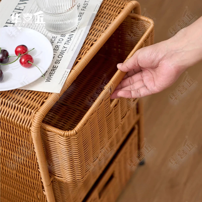 Rattan-Style Three-Tier Storage Cabinet Home Living Room Outdoor Garden Bedroom Floor Drawer