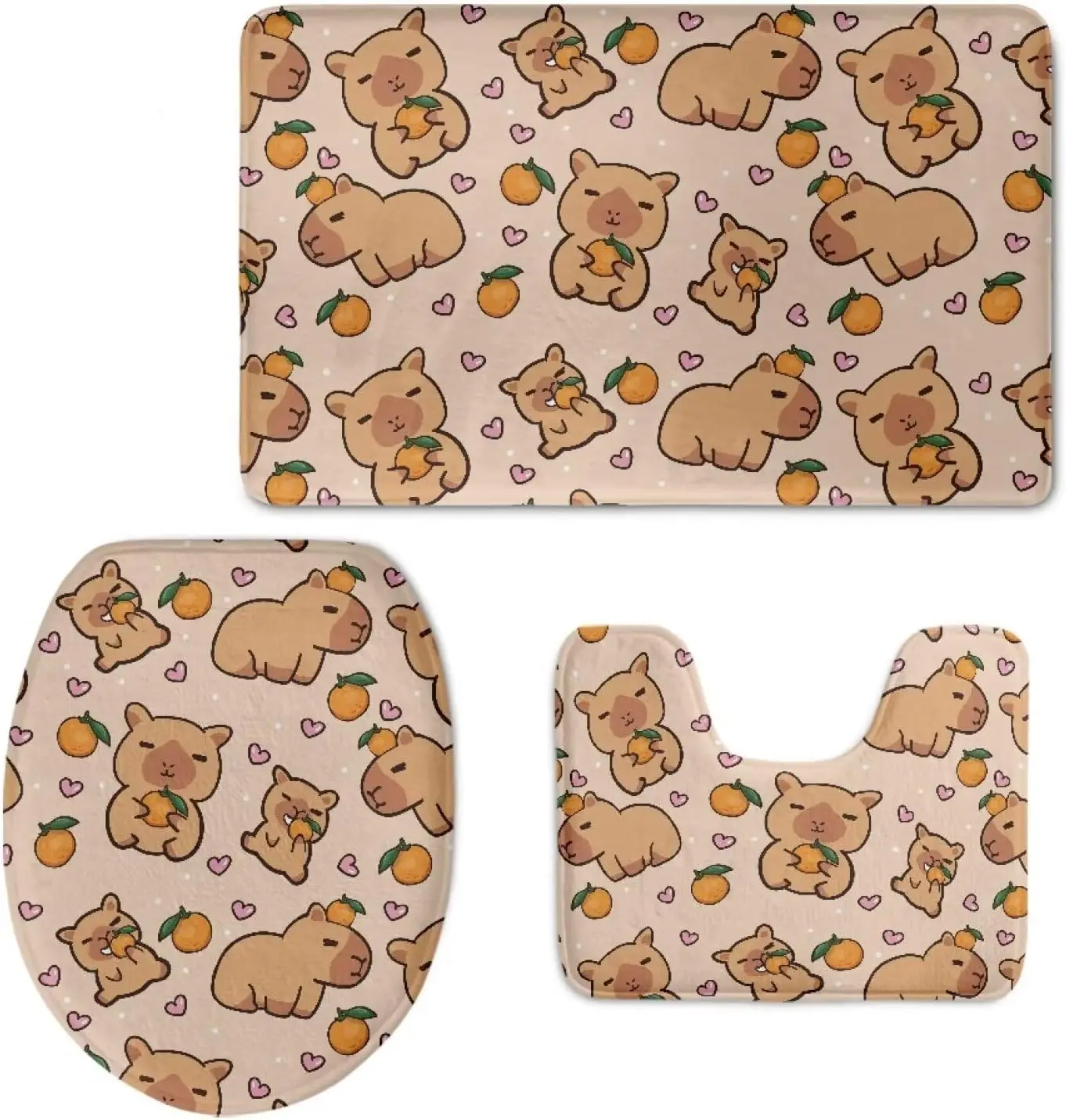 3PCS Capybara Toilet Set, Beige Cartoon Print, Non-Slip Absorbent Washable Kids Bath Mat for Children's Bathroom Decor