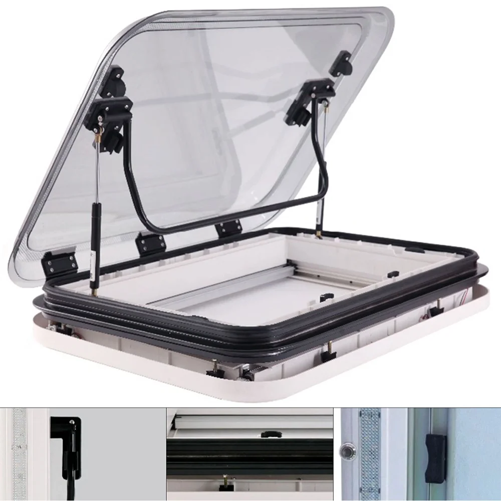 Custom Logo 800*500 Aluminum Alloy Top Frame Caravan RV Skylight Double Glazed Anti-UV Glass Pneumatic Support Rod E-Mark Maxus