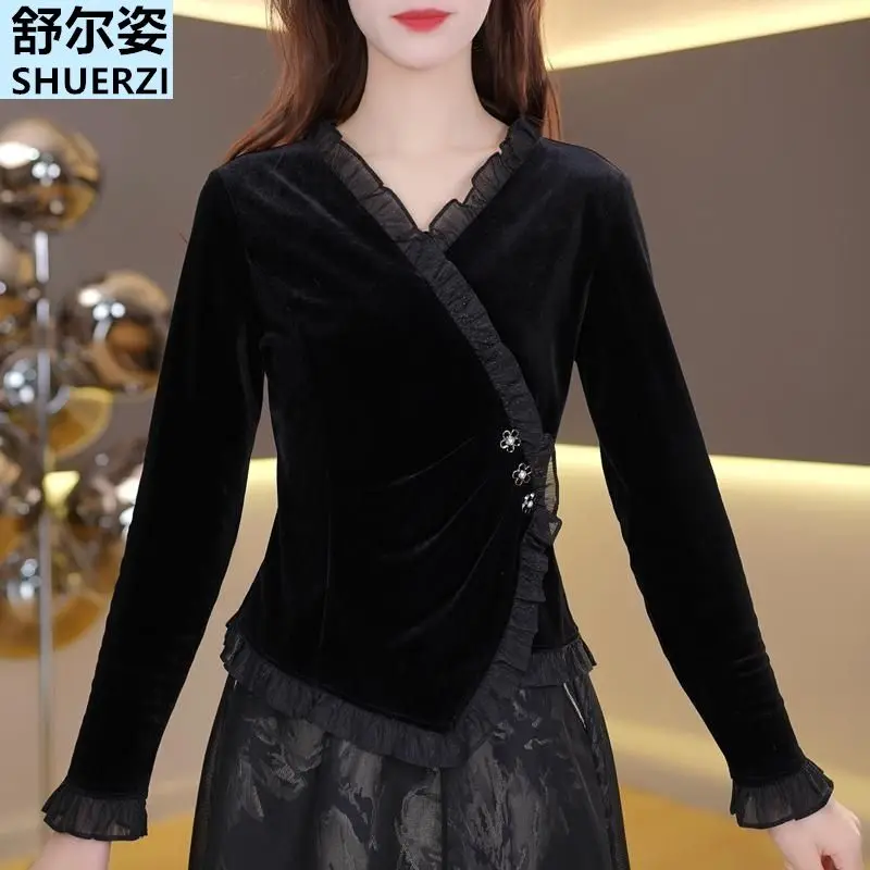 

Fashionable High-end V-neck Gold Velvet Long-sleeved Base Shirt for Women 2025 New Small Versatile Slim Shirt Top