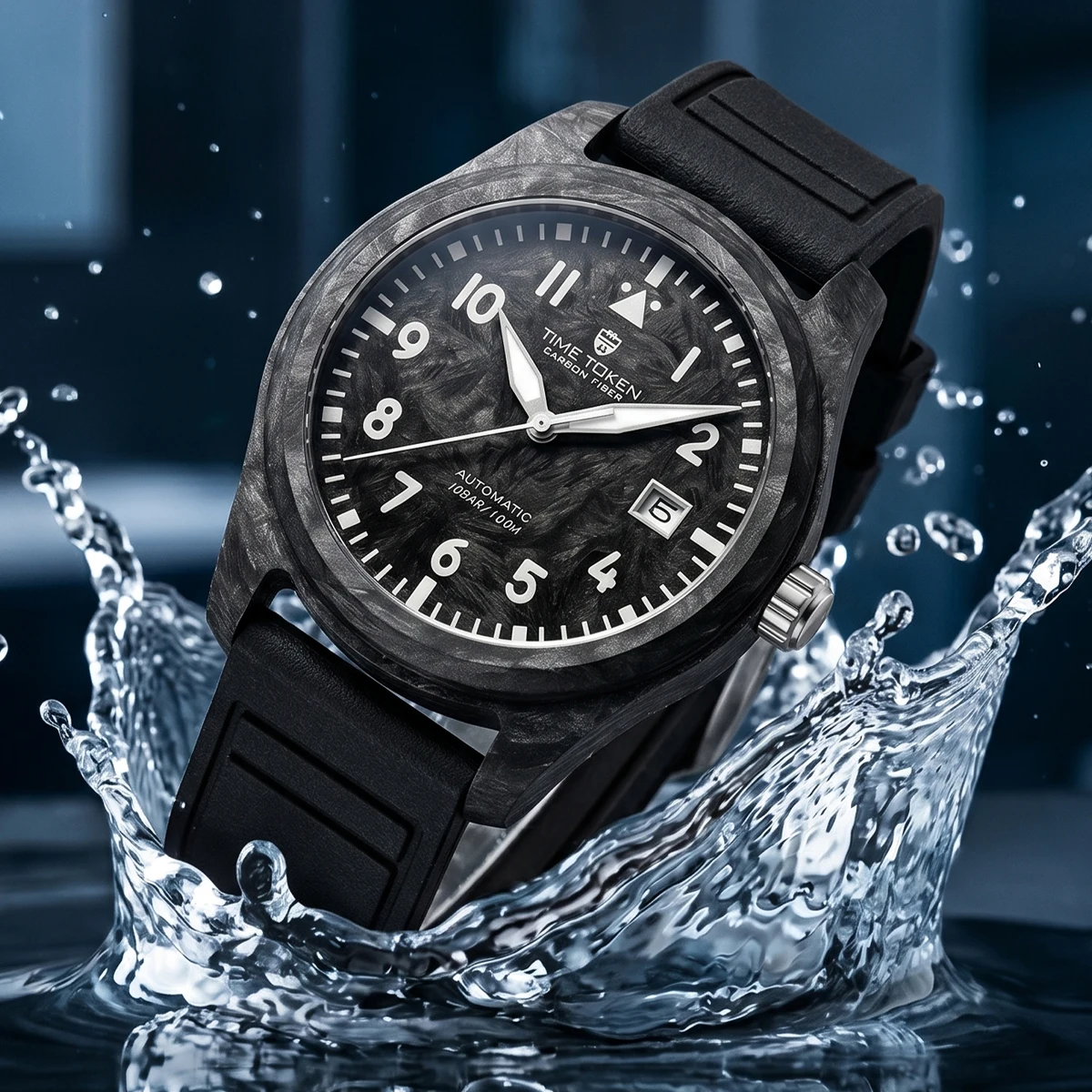 TIME TOKEN Men's Automatic Mechanical Watch Carbon Fiber Case Luminous Calendar Wristwatch 10Bar Waterproof Diving Watch T537