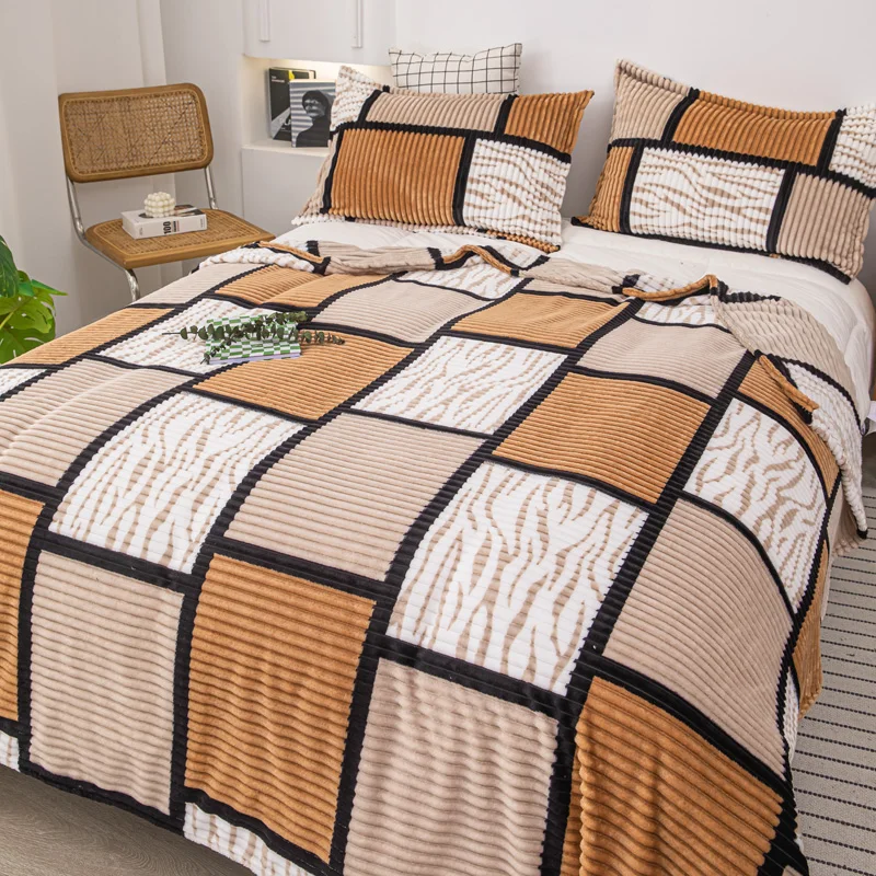 1 pc,Camel and brown checkered print  'magic velvet' striped blanket. Suitable for bedrooms, camping, traveling, etc.All seasons