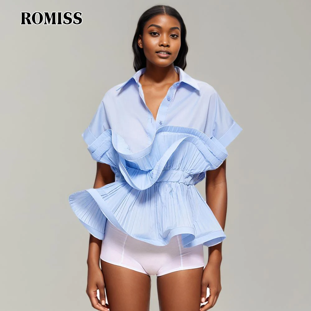 

ROMISS Solid Spliced Button Pleated Shirts For Women Lapel Short Sleeve Patchwork Ruffles Temperament Chic Blouse Female