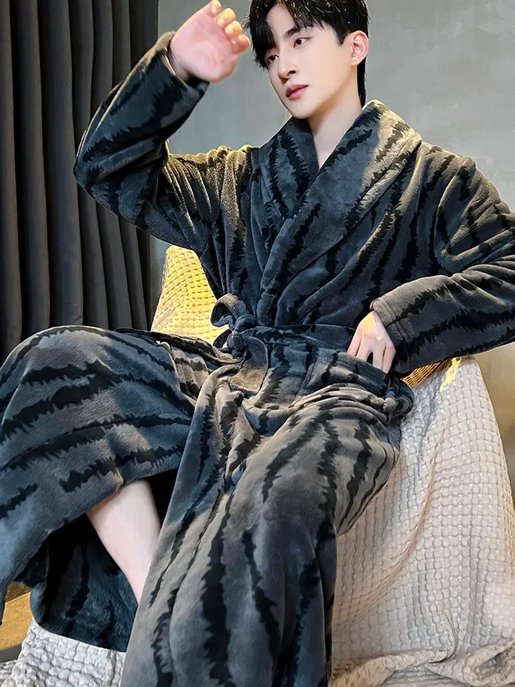 Zebra Stripes Robe for Men Sleepwear Belt Bathrobe Winter Night Wears Warm Fleece Pajama One Piece Nightgown Homewear 2024 New