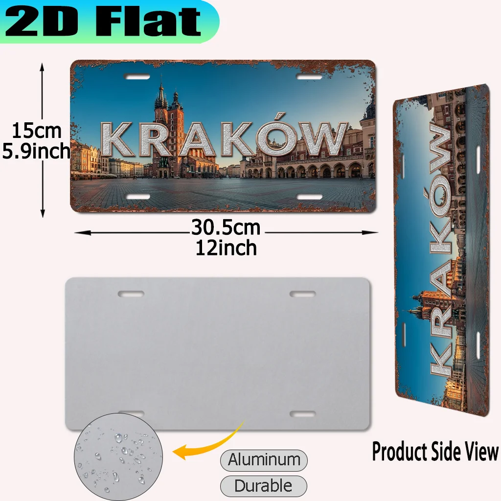 2D Flat - Retro Aluminum License Plate [2D Flat] 1pc Krakow - Vintage European Car Plate Number 12.0X6.0inch, Polish Souvenir Gi