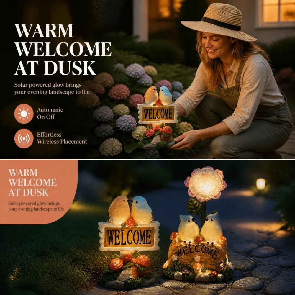 Solar Powered Garden Welcome Sign Durable Resin Creative Design Solar Resin Craft Warm Light No Wiring Needed