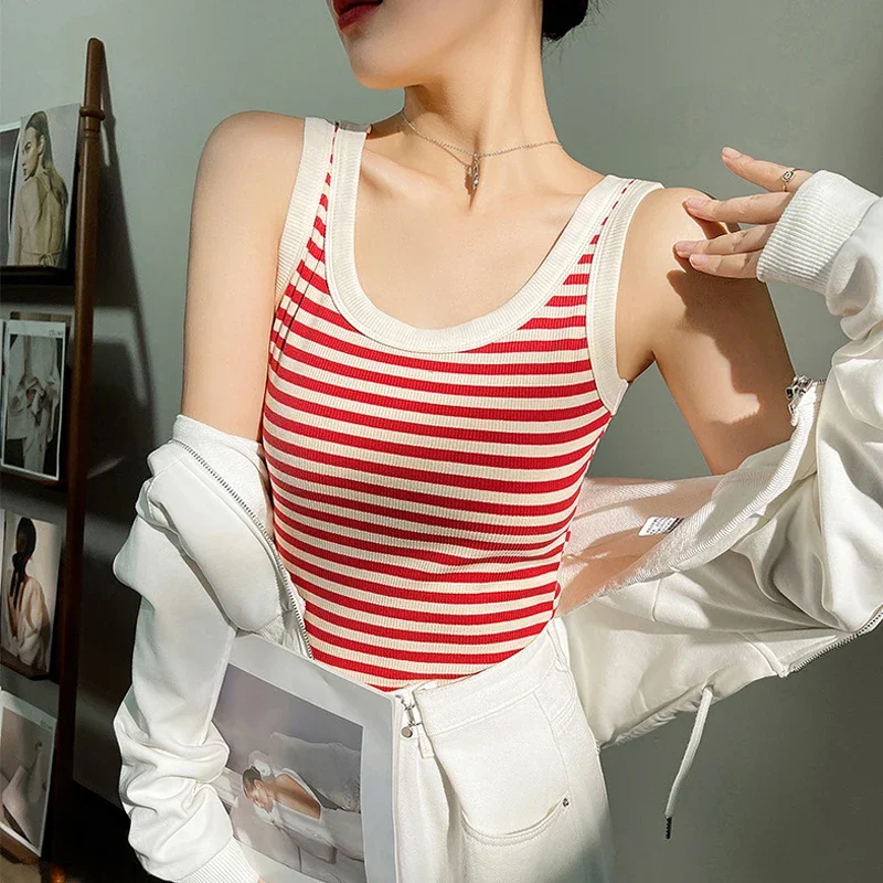 Women's Cotton Striped Elastic Vest Summer Fashion Casual Round Neck Sleeveless Suspender Vest Comfortable Sweet Tank Tops