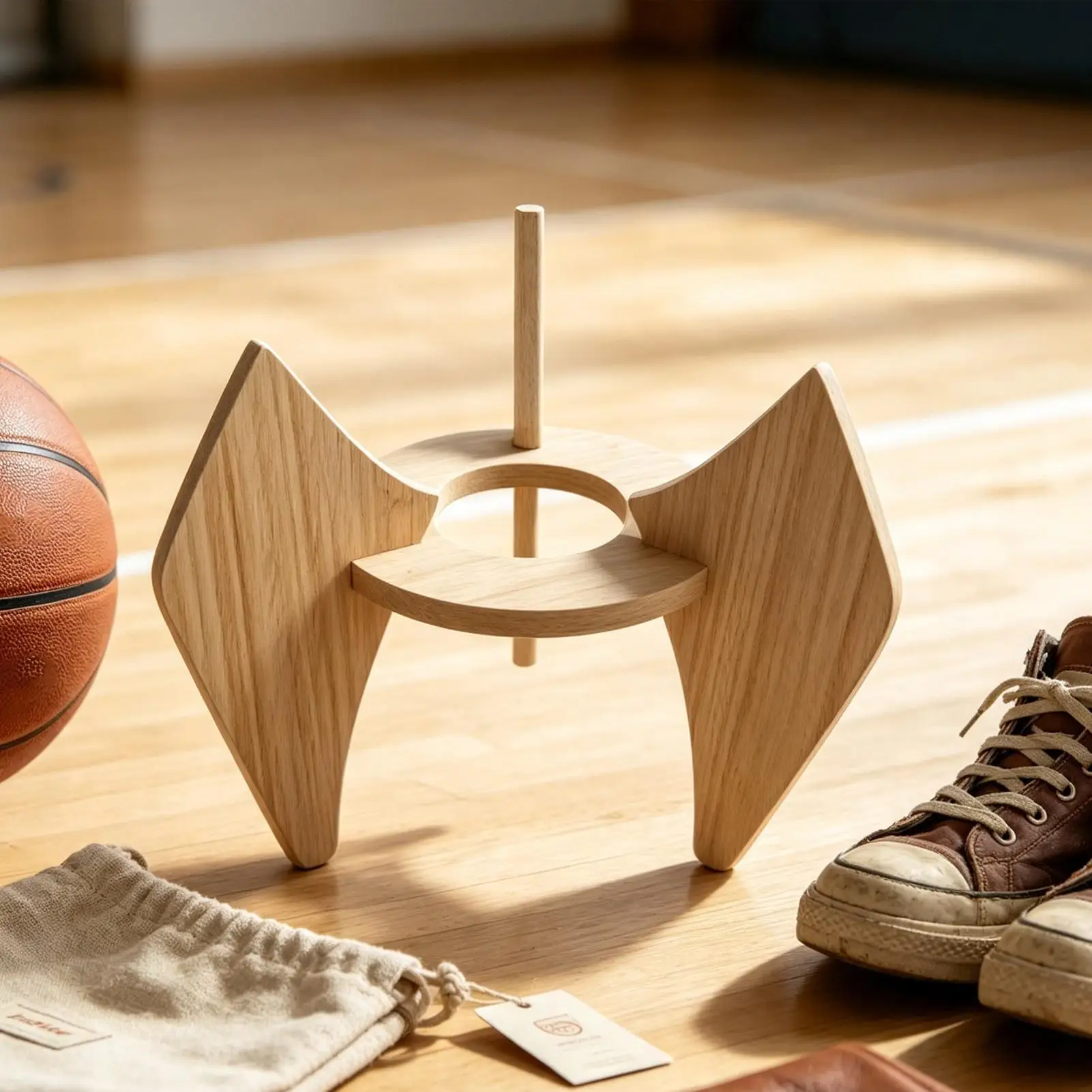 4-Point Wooden Basketball Display Stand Tabletop Ball Storage Rack Decorative Desk Centerpiece Holder for Game Room Garage Shelf
