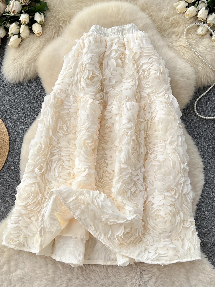 엘리 하이웨이스트 3D 플로럴 디자인 여성용 패셔너블 슬리밍 퍼프 스커트 한국 스타일 출퇴근용