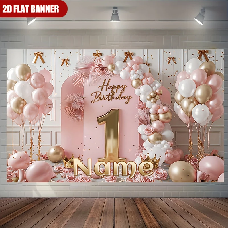 1pc Pink Gold Birthday Backdrop Banner for Girl Princess First Birthday Party Decor Custom Name Photo Background Wall Decoration
