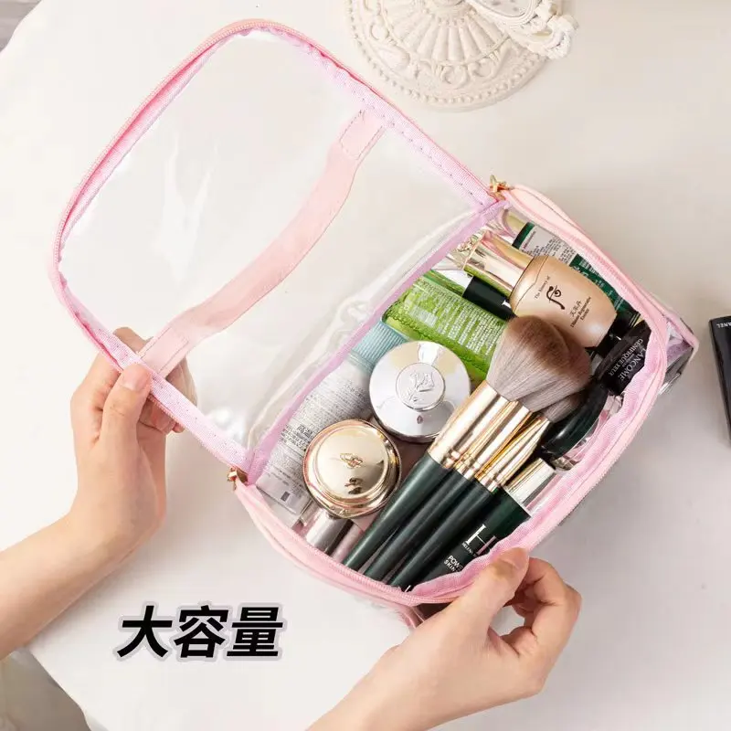 Transparent Mesh Cosmetic Bag women Makeup Bag Double Zipper PVC Waterproof Makeup Pouch Toilet Wash Bag Large Protable Handbag