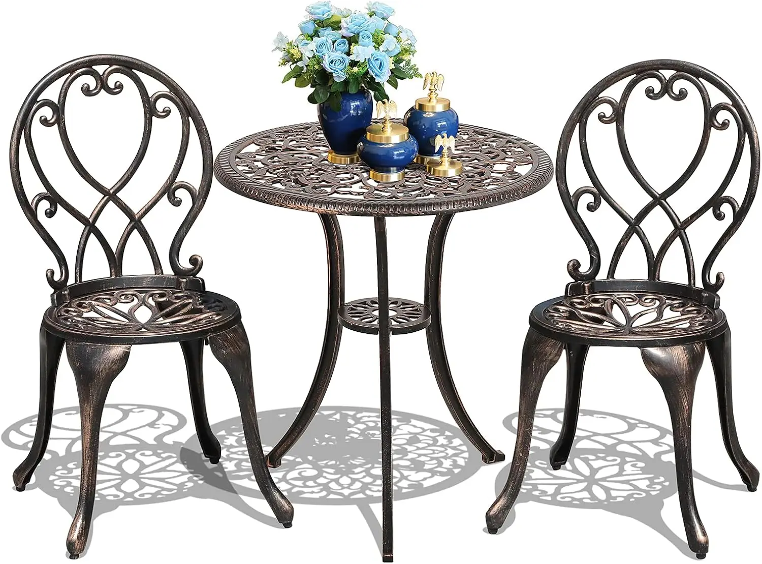 3 Piece Outdoor Bistro Set, All Weather Cast Aluminum Patio Dining Retro Table and Chairs with 2’’ Umbrella Hole, Bronze