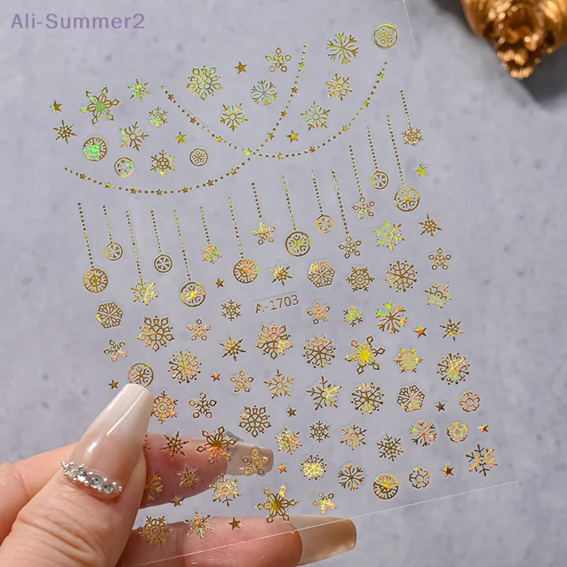 1 ورقة عيد الميلاد 5D الإغاثة الذهب الفضة مسمار ملصقات فنية الليزر ندفة الثلج ثلج شجرة عيد الميلاد مسمار ملصقات السنة الجديدة مانيكير ديكور