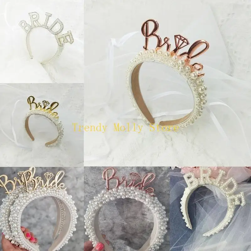 

N5KB Vintage Full Pearls Headband Bridal Headpieces Party Props Double Layer Veil Eye-catching Headband Korean-style