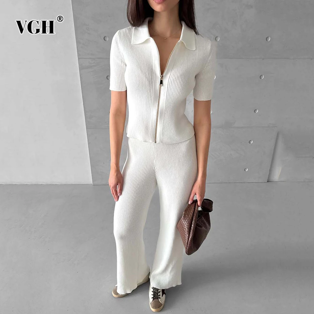 

VGH Casual Solid Slimming Two Piece Sets For Women Lapel Short Sleeve Top High Waist Pants Temperament Set Female Fashion New