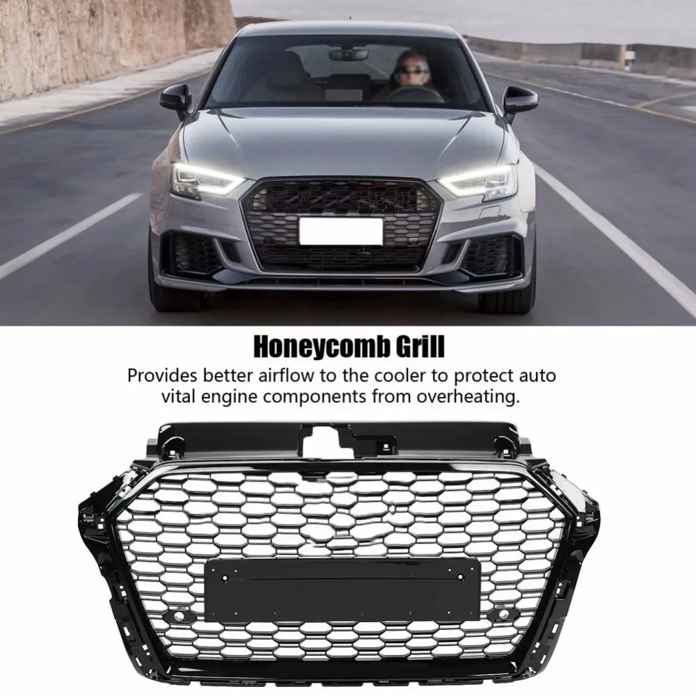 

For RS3 Style Front Sport Hex Mesh Honeycomb Hood Grill Gloss Black for Audi A3/S3 8V 2017-2019 Car Accessories