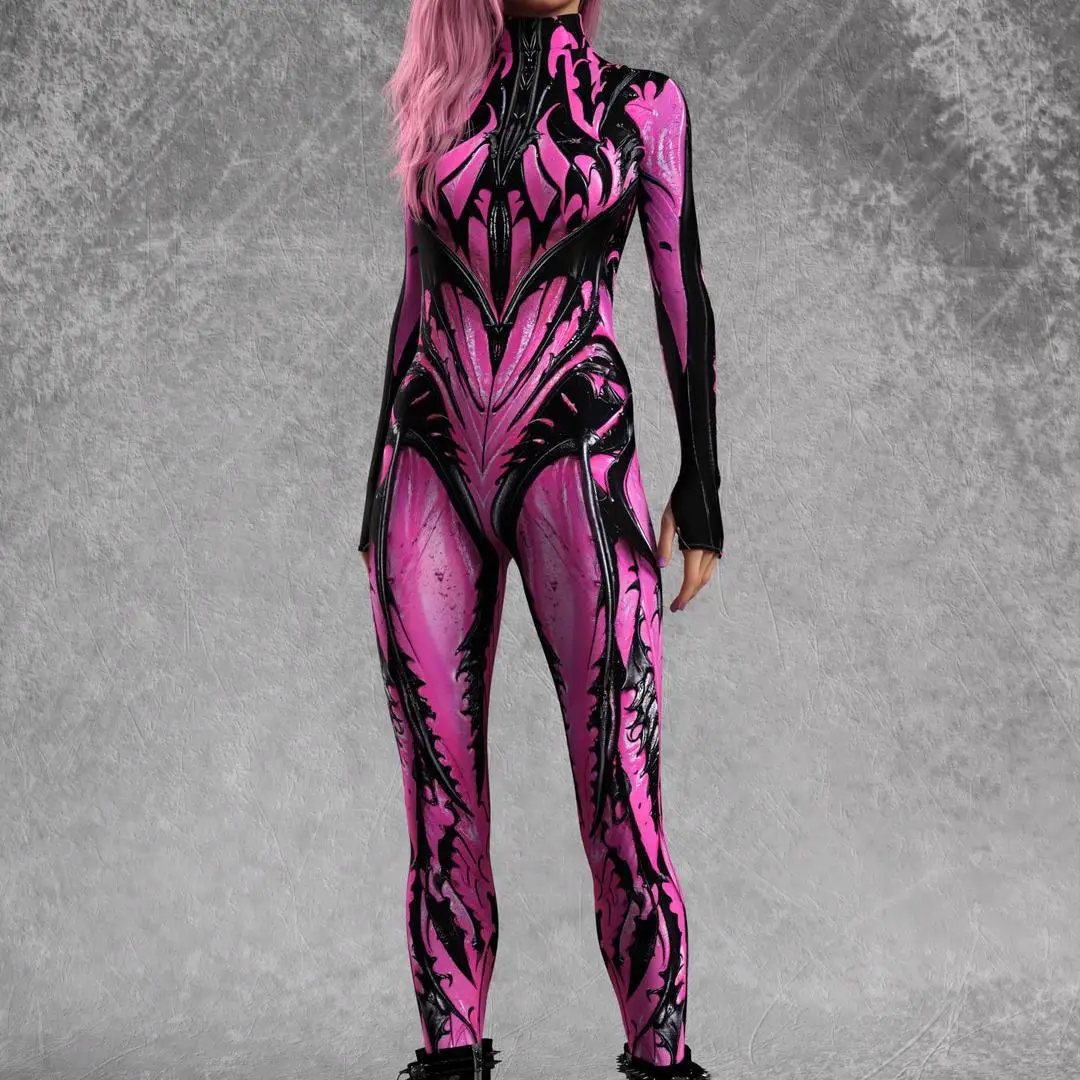 Sexy Damen Psychedelischer Netz-Cosplay-Jumpsuit Horror Halloween Festival Party Bodysuit Karneval Bühnenauftritt Eng Anliegend – Detail 2