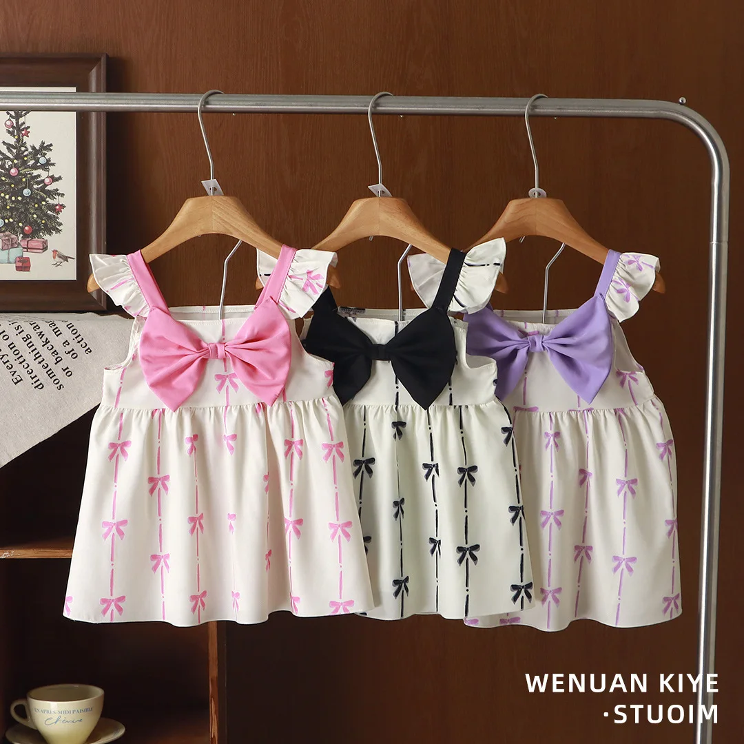 Girls Summer Ruffle Sleeve Sweet Print Princess Dress 3 Colors With Bow Sling Skirt Kid Casual Holiday Beach Daily A-line Outfit