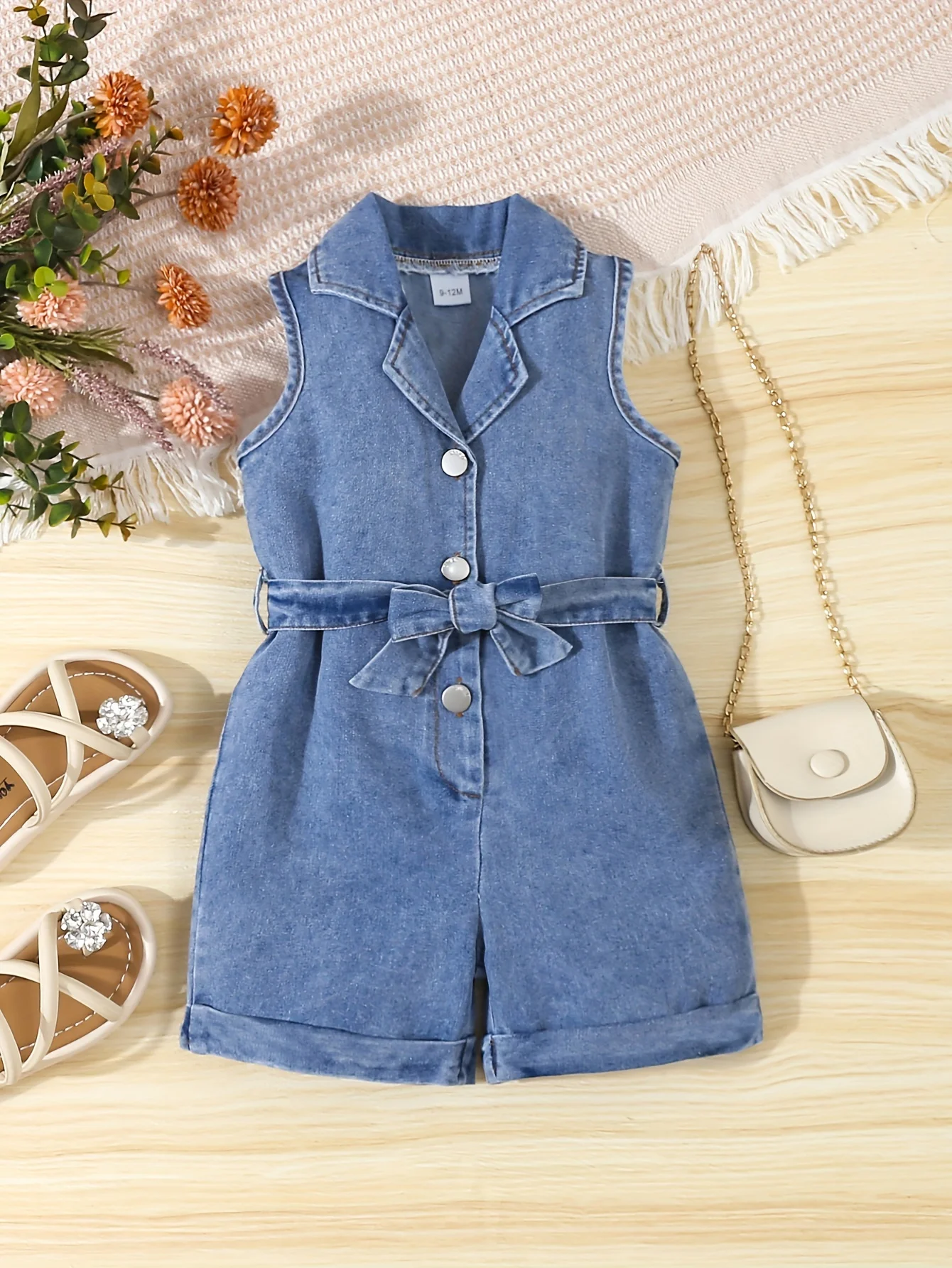 Cute baby girls retro denim romper shorts + Belt 2 pieces Summer casual romper for baby girls