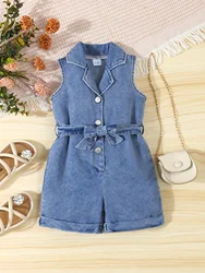 Cute baby girls retro denim romper shorts + Belt 2 pieces Summer casual romper for baby girls