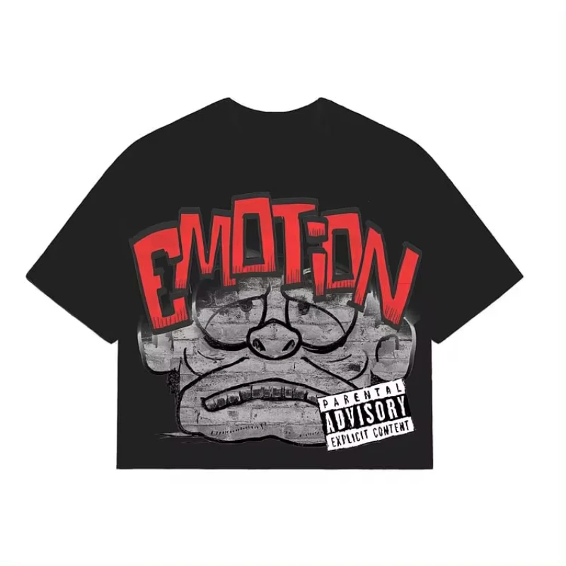 Vintage Cartoon Monster Print Cotton T-Shirt Men Y2K Summer Short Sleeves Oversize Tshirt Streetwear Women Tops