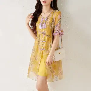 2024 summer retro fairy temperament dress chinese style romantic flounce cuff design dress graceful leisure printing daily robe