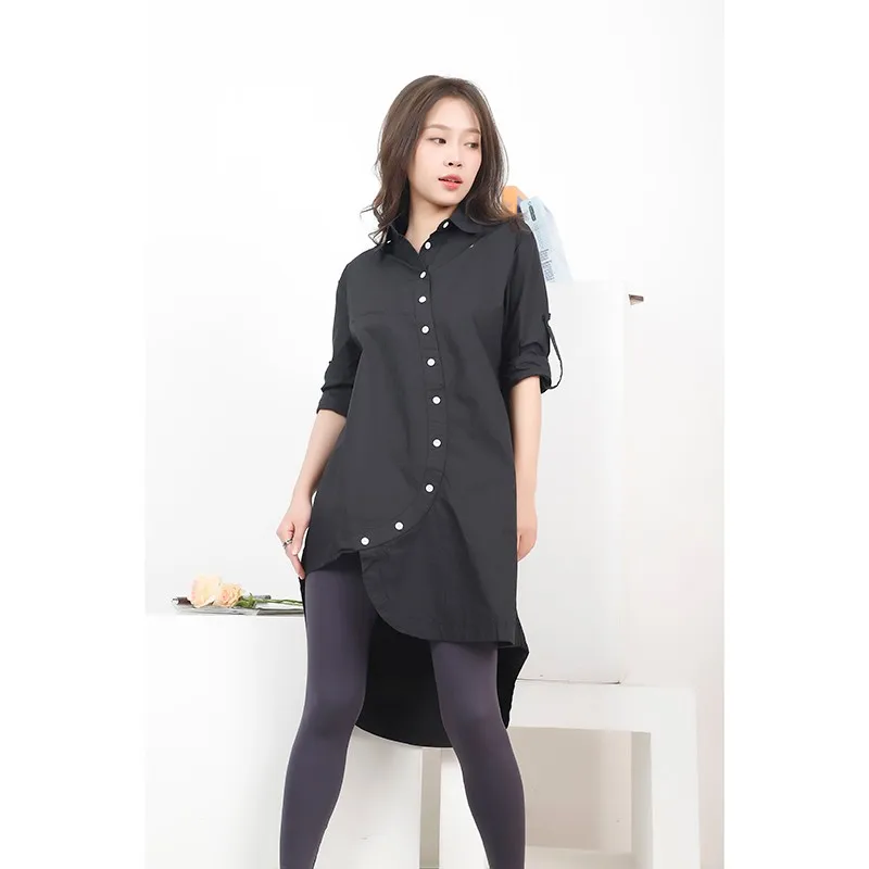 Tannt Women Dress Asymmetry Long Sleeves Black Cotton Irregular Loose Leisure Long Shirts Dresses For Women