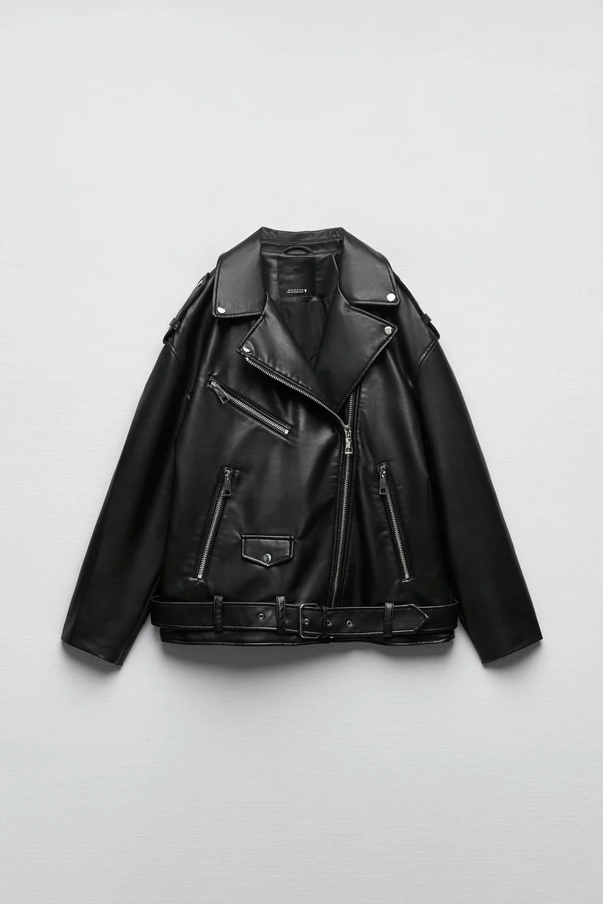 Imitation leather motorcycle loose jacket for ladies 2023 new epaulette decoration diagonal zipper down shoulder lazy coat