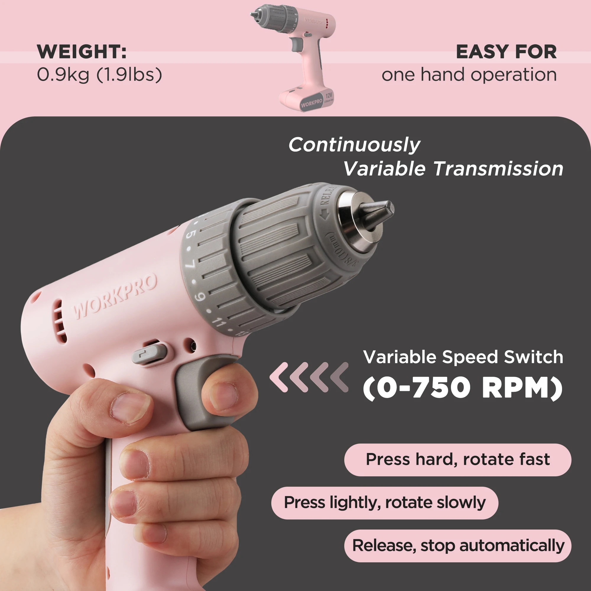WORKPRO 12V Cordless Drill Driver Set Pink /White 17+1 Gear Torsion Adjustment Electric Power Drill Tool Kit