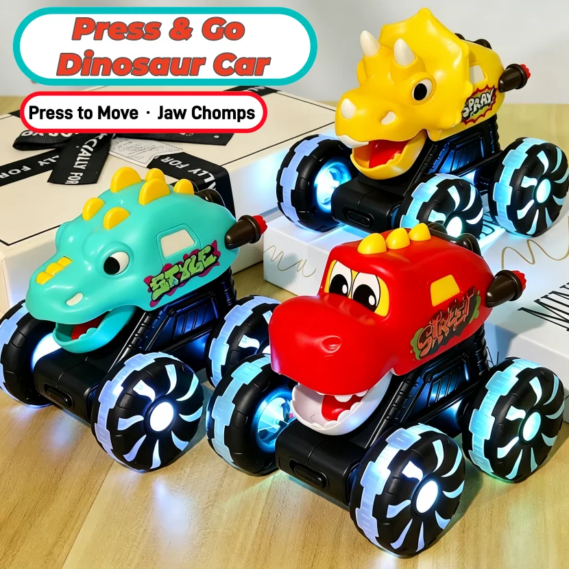 

Motion Activated Dino Truck Toy - Magic Inertia Press Go Action Car with Light up Feature for Children Dinosaur Themed Light up