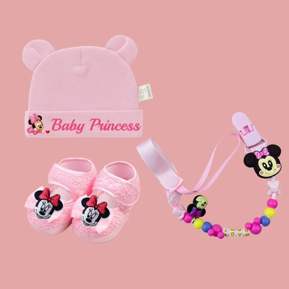 

0-6M Newborn hat Pure cotton baby hat Suitable for female babies Newborn shoes Cute baby chain clip Newborn gift set
