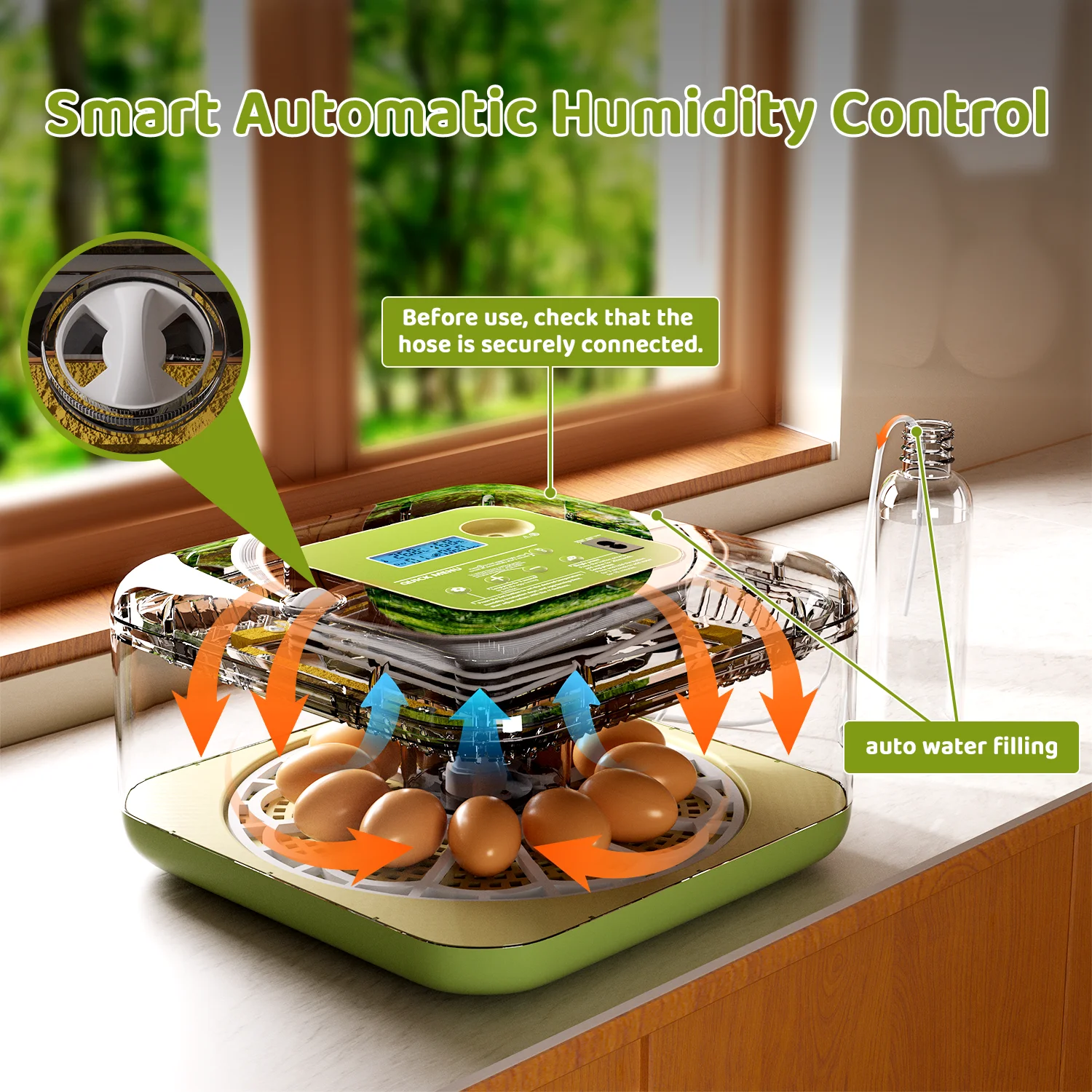 حاضنة بسعة 12 بيضة مع تحول البيض الأوتوماتيكي والتحكم في درجة الحرارة والرطوبة والتصوير بالكامل.