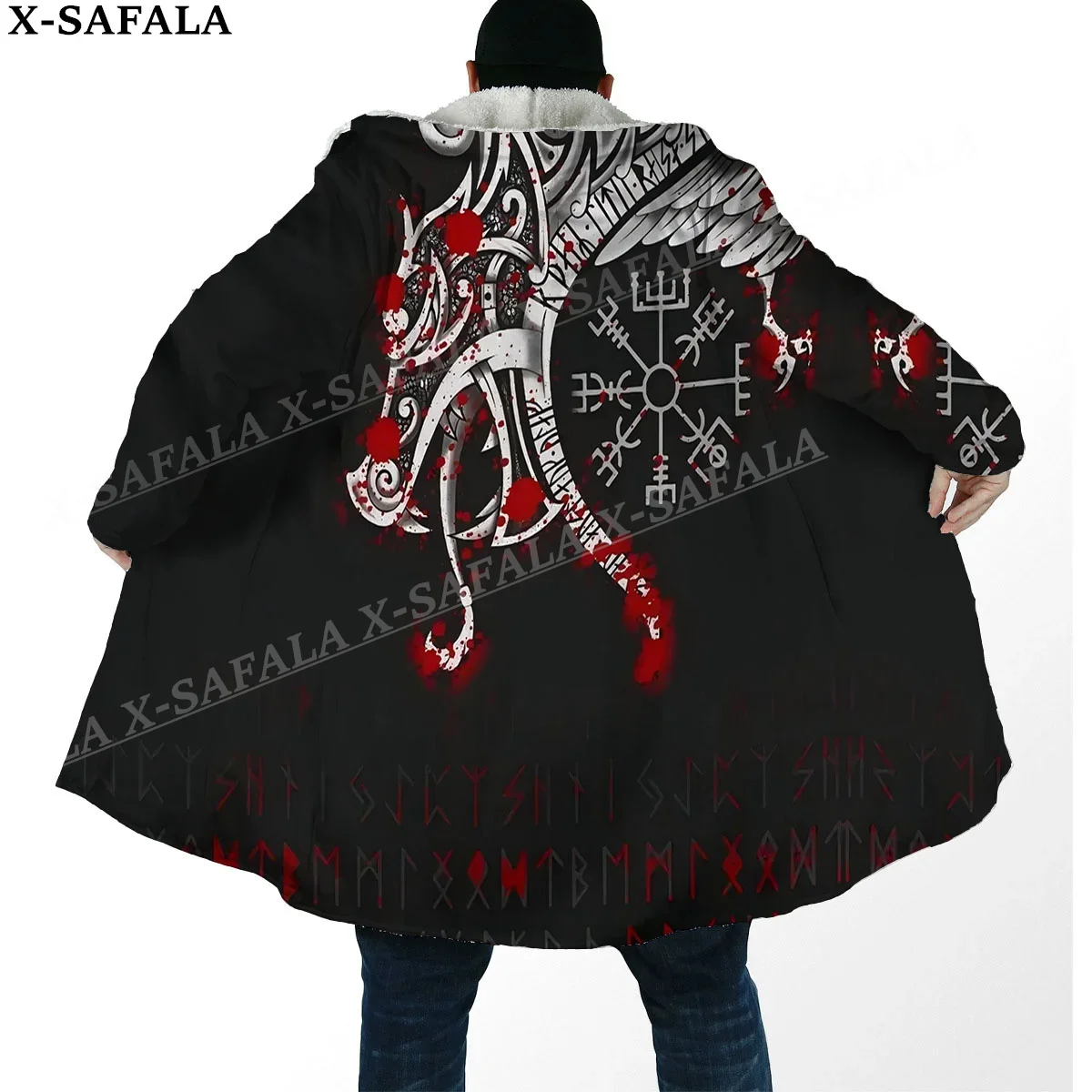 Norse Mythology Vegvisir Viking Symbol Thick Warm Hooded Cloak Men Overcoat Coat Windproof Fleece Cape Robe Hooded Blanket-37