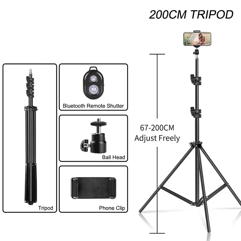 Lichtstativ für Telefonständer mit Clip, Bluetooth-Controller, 100/150/200 cm Selfie-Stativ, Aluminiumhalterung, Digitalkamera-Stativ