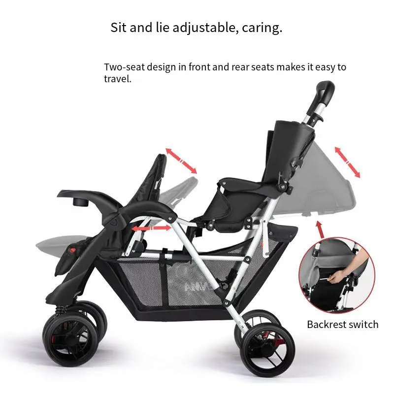 Twin Stroller Can Sit and Lie Down Lightweight Folding Stroller Four Seasons Universal Shock Absorption Double Baby Stroller