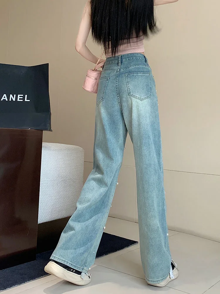 2023 Spring and Summer New Design Sense Pearl Slimming Loose Casual Baggy Jeans Straight-Leg Pants Women\'s Long Trousers Fashion