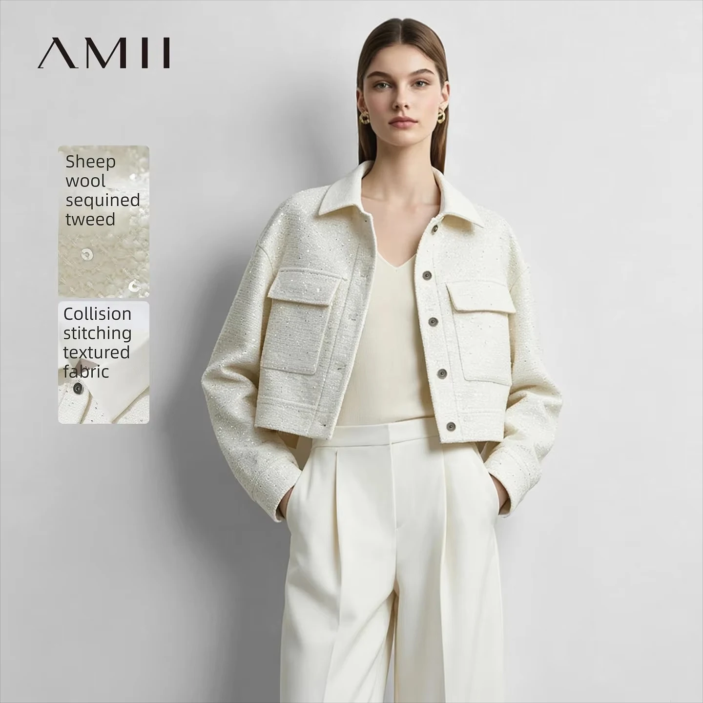 Amii Women's Tweed Jacket Lapel Collar Short Patch Pockets Slim Fit Elegant Commuter Minimalist  Autumn Women Jackets 12643027