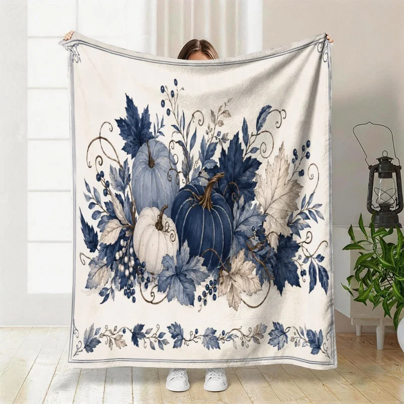 Cozy Boho Pumpkin Watercolor Throw Blanket Autumn Fall Decorative Rustic Cream Beige Harvest Print Accent Throw Knit Wrap Sofa