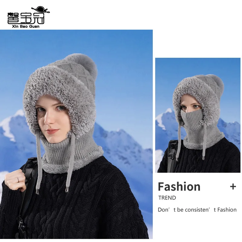 Winter Fleece Knitted Woolen Hat Women Ear Protection Cap Mask Neck One Body Warm Pullover Hat Outdoor M556