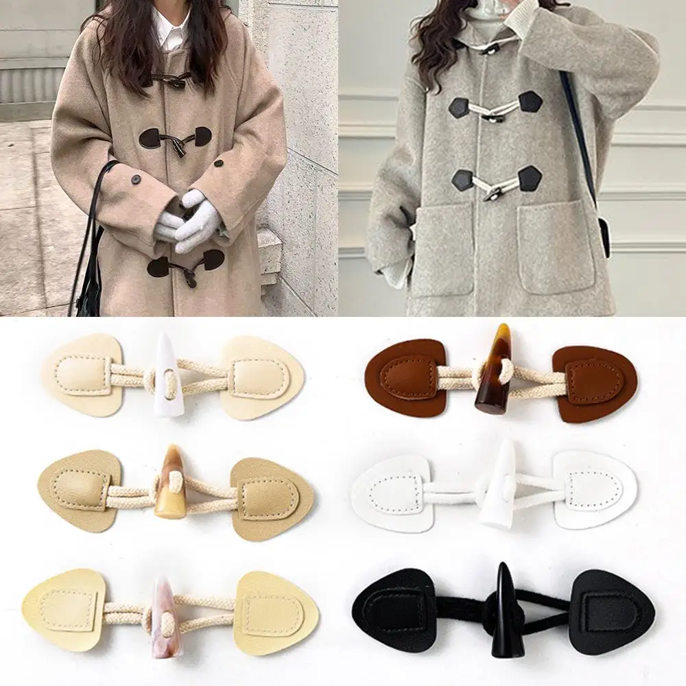 6 Pairs Classical Black Leather Horn Toggle Buttons Closures Coat Jacket Duffle Sweater Sewing Fasteners For Overcoat