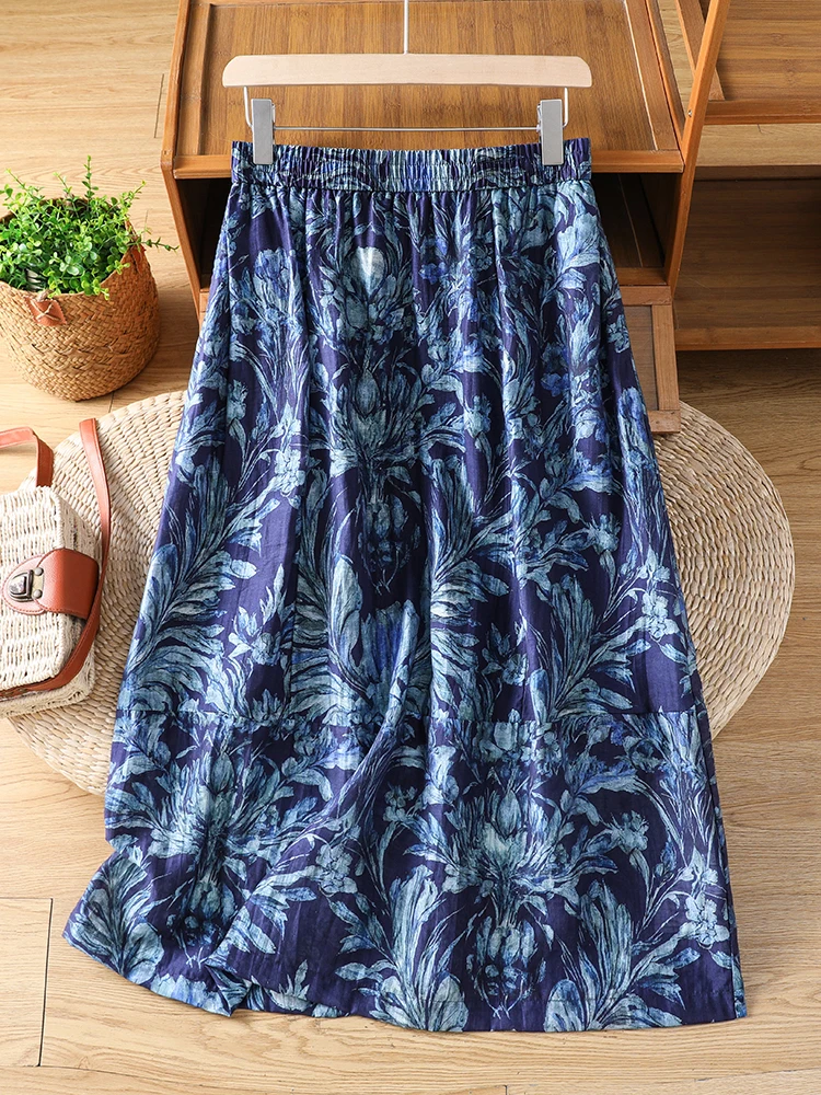 

Retro Blue Floral Cotton Linen Half Skirt Women's Summer Thin Breathable High Waist Draped Slim A-Line Skirt Loose Fit