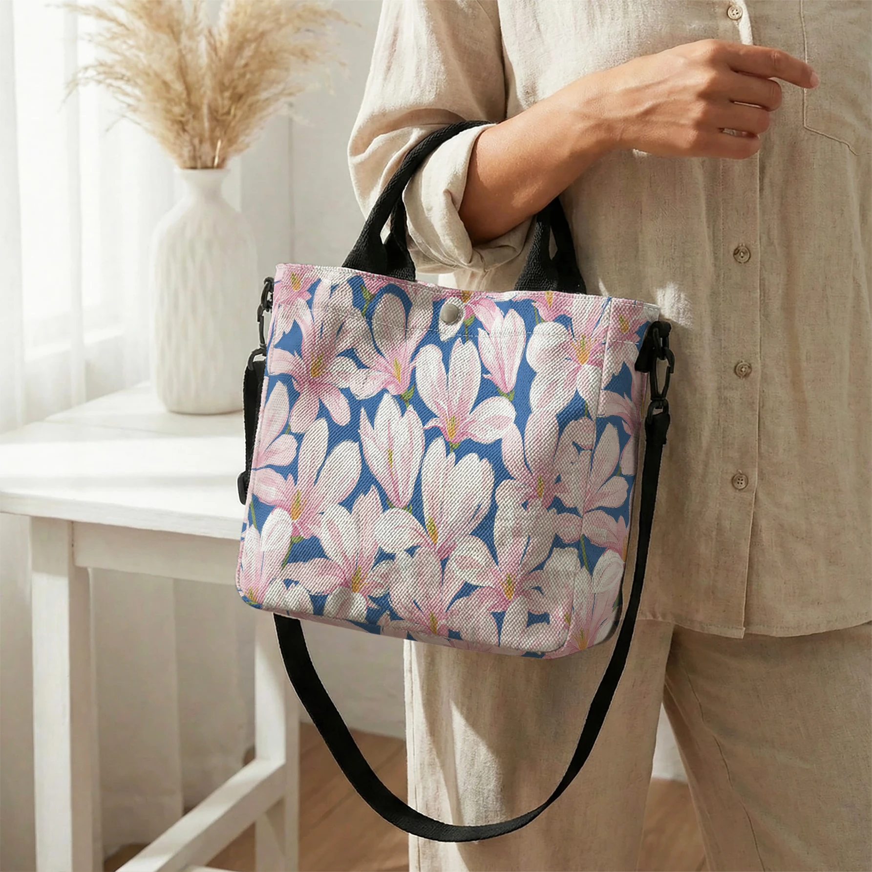 Blue Background Magnolia Floral Print Tote Bag Large Capacity Shoulder Bag For Shopping Travel Daily Use