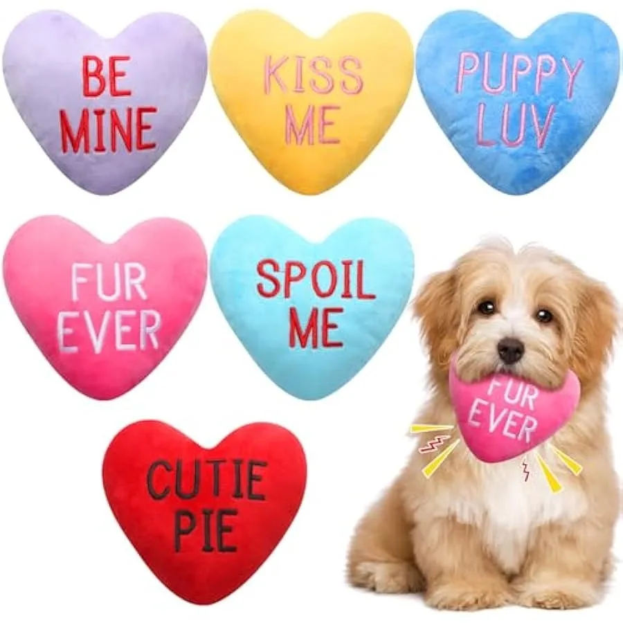 Set of 6 Funny Dog Toy Stuffed Plush Squeaky Candy Heart Shaped Toys Color Variety 6