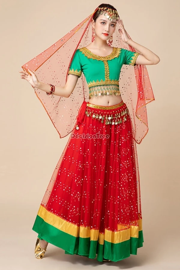 

Новинка 2025, индийские танцевальные костюмы для этнических танцев, расшитые блестками, длинная юбка с большим подолом, танцевальные костюмы, костюмы для танца живота для женщин