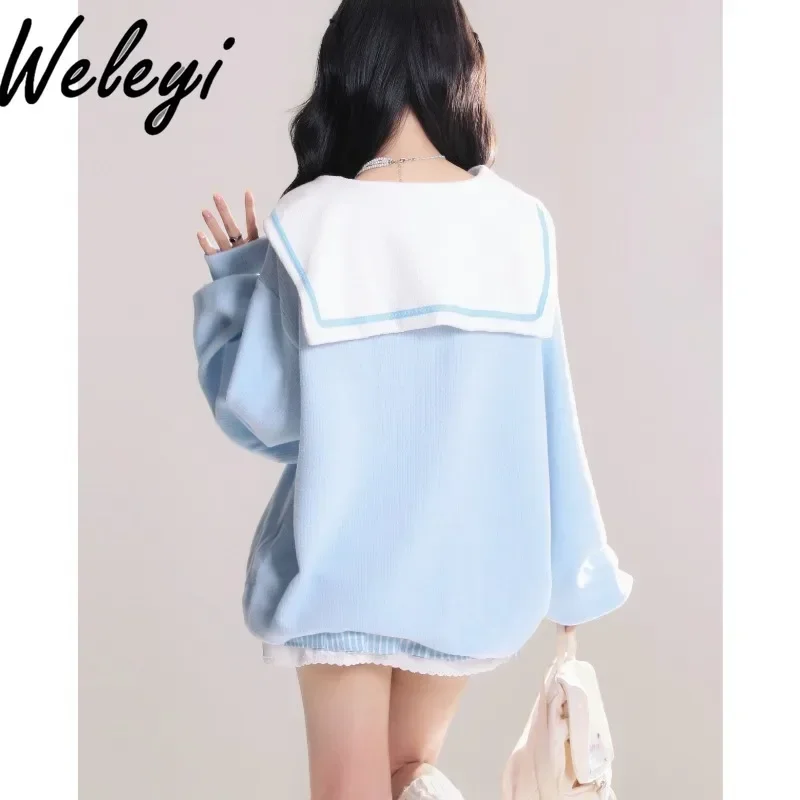 Y2K Sailor Collar Blue Towel Embroidered Sweatshirt Female 2024 Spring Autumn New Ins Women's Long Sleeve Hoopless Hoodie Top