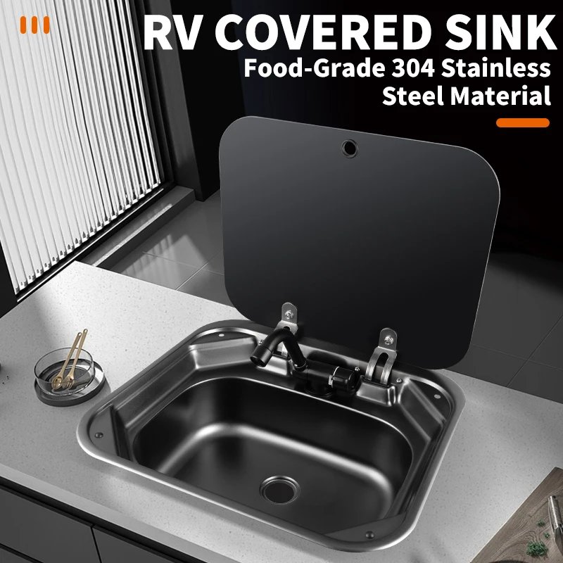 RV Stainless Steel Sink with Faucet 420mm with Tempered Glass Cover Square and RV Caravan Camper Kitchen Accessories