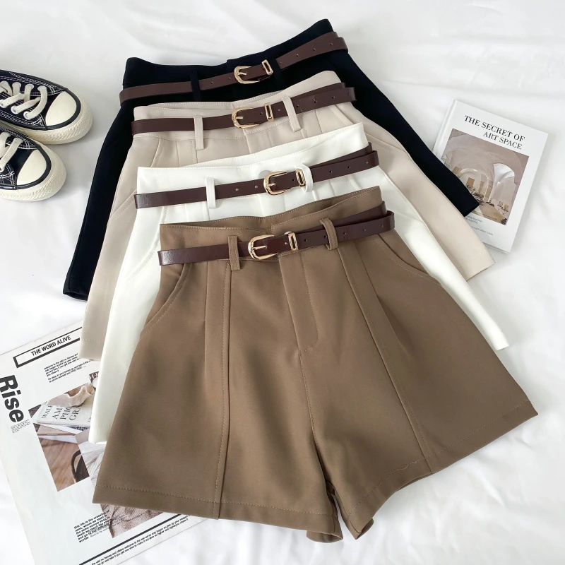 Casual Women's Shorts A-line High Waist Short Chic Office Lady Shorts With Belted Vintage Female Trousers 2024 Autumn