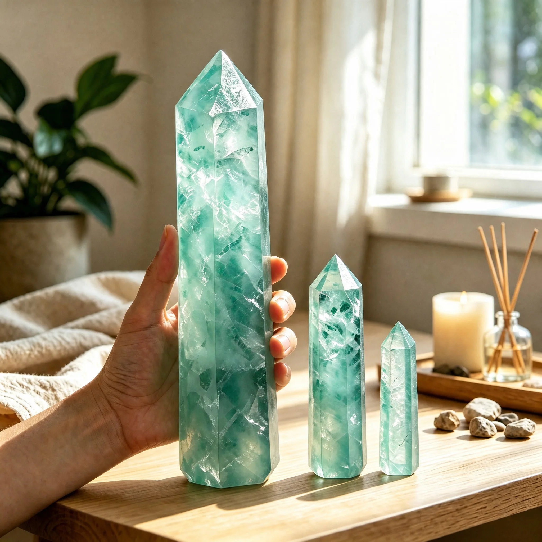3 Pcs Large Size Natural Green Fluorite Crystal Point Tower Set, Polished Hexagonal Obelisk Wand, Reiki Chakra Energy Healing Stone, Spiritual Meditation Altar Home Table Decor Crystal Gift